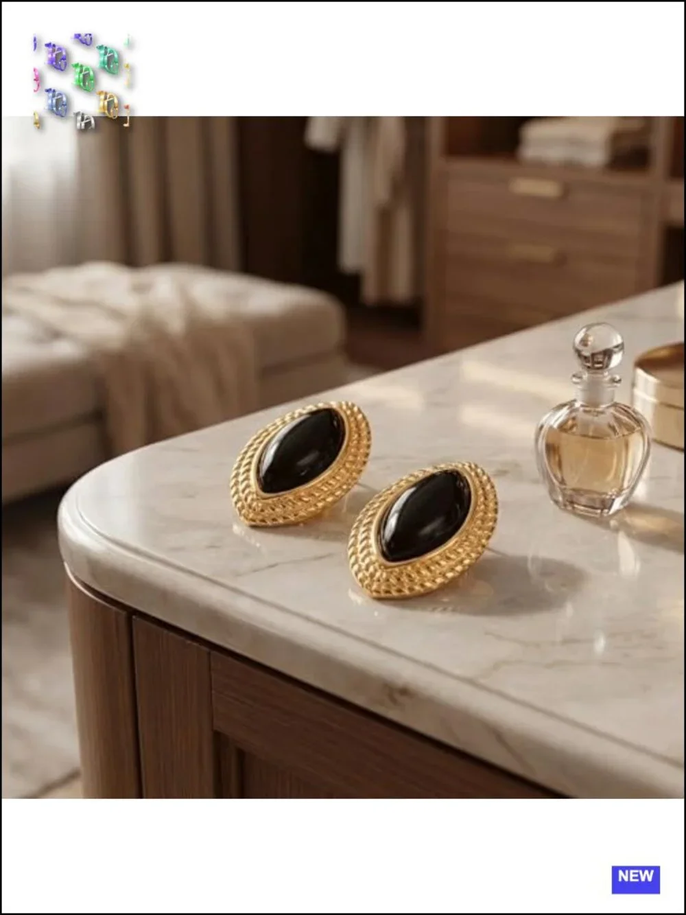 Oval Geometric Black Glass Dangle Earrings with Gold Bezel
